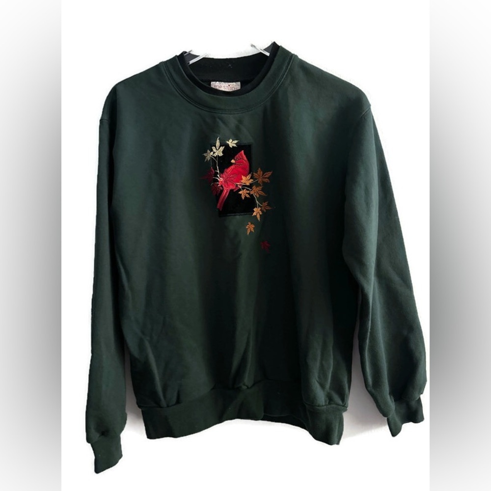 Vintage Top Stitch Sweatshirt with Red Cardinal Embroidery Size Medium